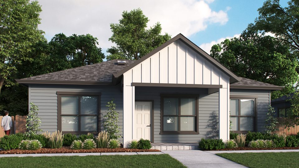 a rendering of a one story home with a front porch at Soltera Rolling Pines