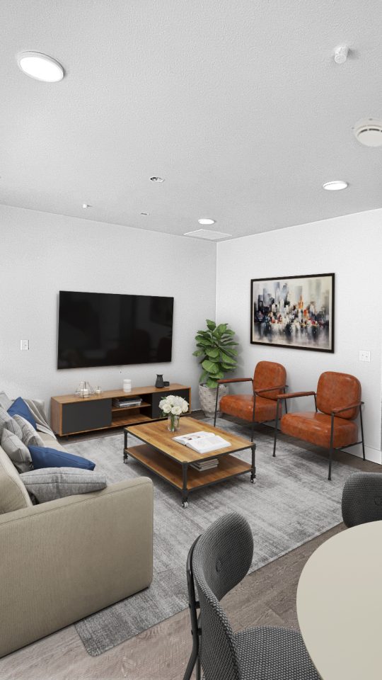 a rendering of a living room with a couch and television at The Soltera Rolling Pines
