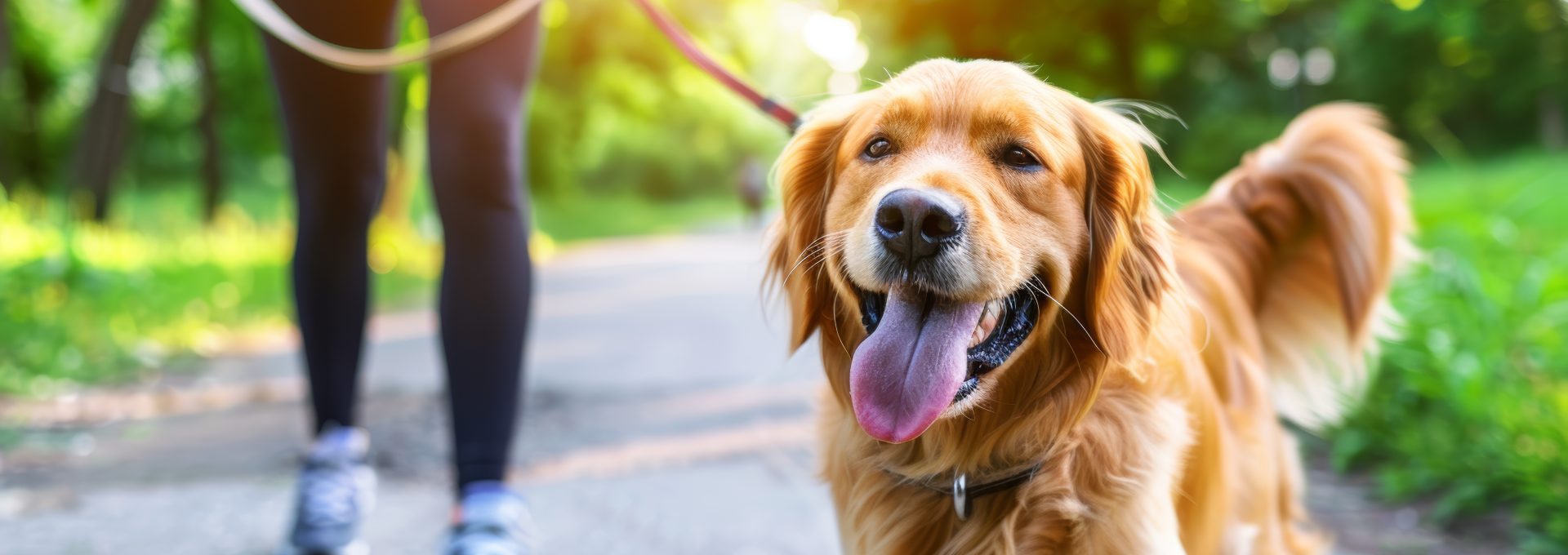 a woman walking her dog on a path with a dog leash at The Soltera Rolling Pines